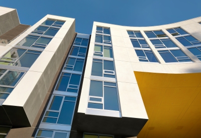 Detail of the facade and windows at Rincon Green in San Francisco.
