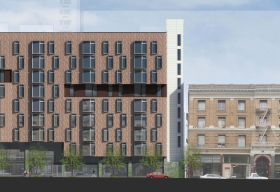 Rendered elevation of 222 Taylor Street, affordable housing in San Francisco.