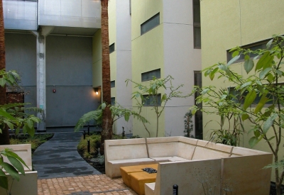 Courtyard with conversation pit at Pacific Cannery Lofts in Oakland, California.
