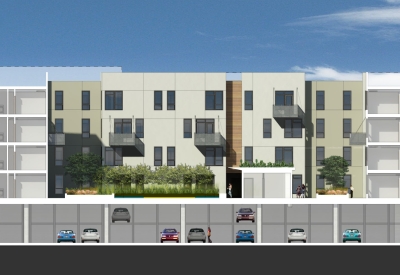 Rendered street view of Five88 in San Francisco from the north south.