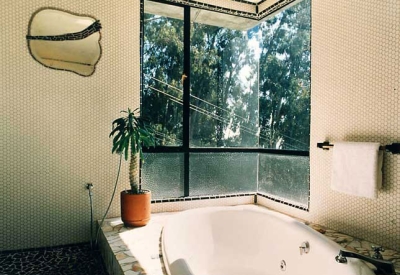 Bathtub with windows looking out to the trees inside Revenge of the Stuccoids in Berkeley, California.