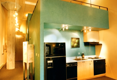 Interior view of a unit kitchen at 601 Fourth Street Lofts in San Francisco.