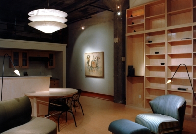 Interior view of a unit living room at 601 Fourth Street Lofts in San Francisco.