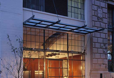 Exterior view of the entry to Marquee Lofts at dusk in San Francisco.