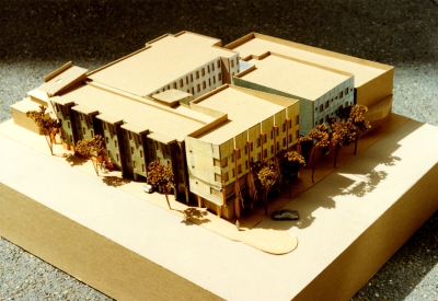 Aerial view of the cardboard study model of Manville Hall in Berkeley, California.