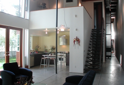 Interior view of the kitchen and office loft at 310 Waverly Residence in Palo Alto, California.