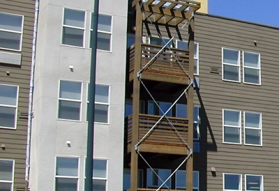 Exterior view of the balconies at Coggins Square in Walnut Creek, California.