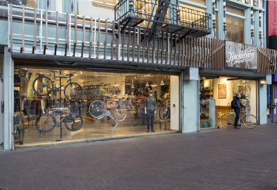 Exterior view of the glass entry to Huckleberry Bicycles in San Francisco.
