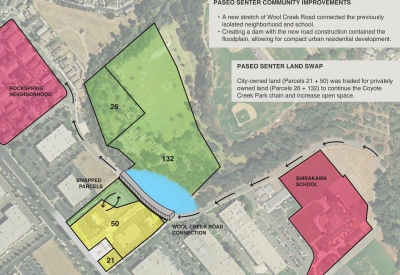 Sketch of the site for Paseo Senter in San Jose, California showing the land swap.