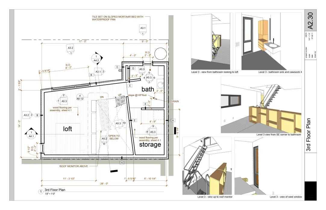 Third level, the sleeping and bathroom space, site plan for Zero Cottage in San Francisco.