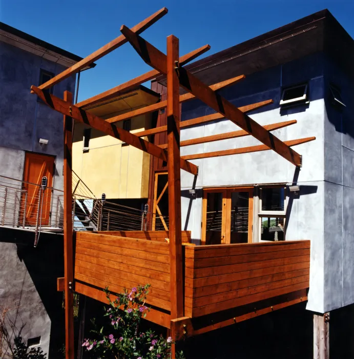 Exterior view of the wood balcony at Kayo House in Oakland, California.