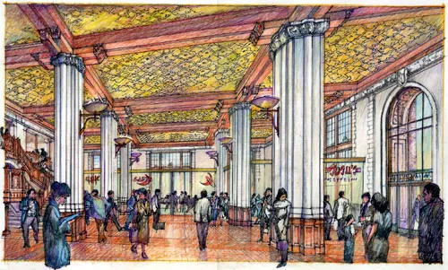 Sketch of the interior lobby for Marquee Lofts in San Francisco.
