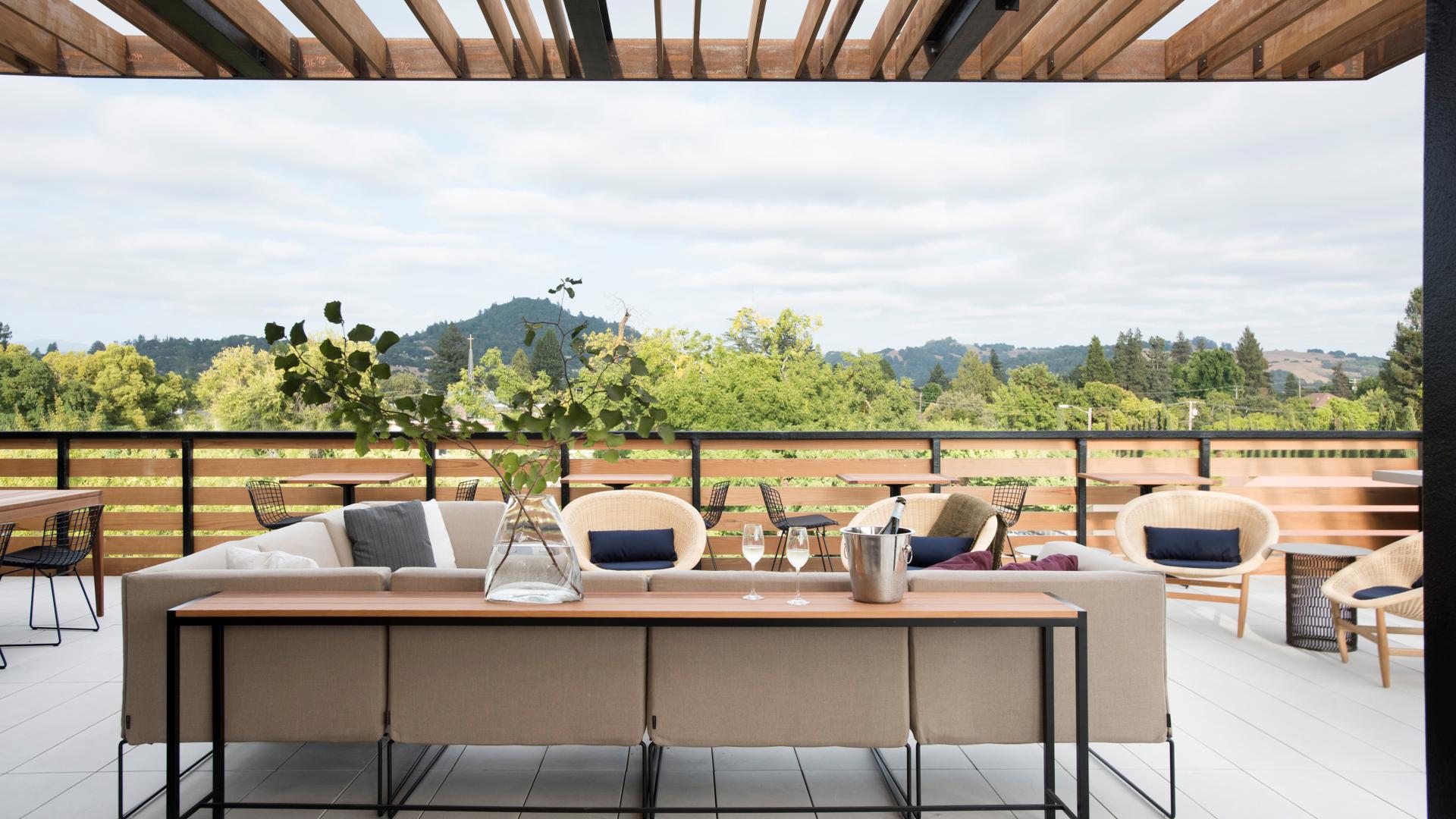 Rooftop terrace at Harmon Guest House over looking the Healdsburg mountains.