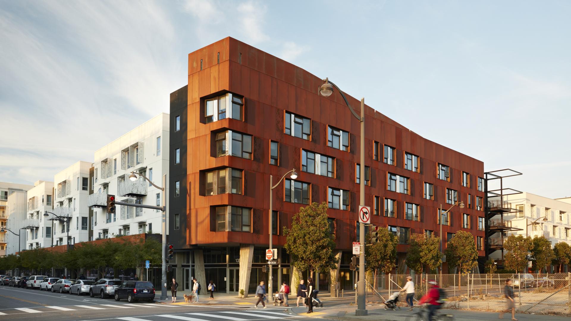 Corner street view of Five88, affordable housing in San Francisco
