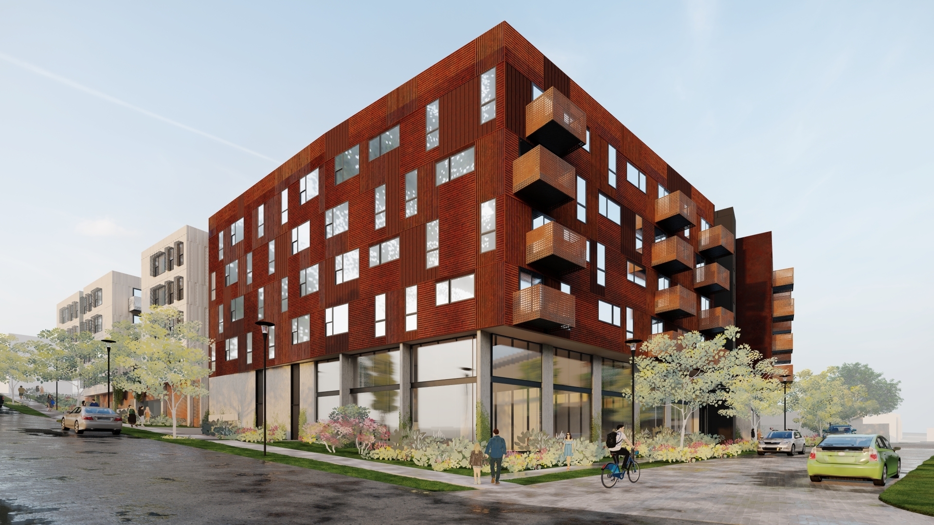 Exterior rendering of the corner of Mercury Courts in Nashville, Tennessee.