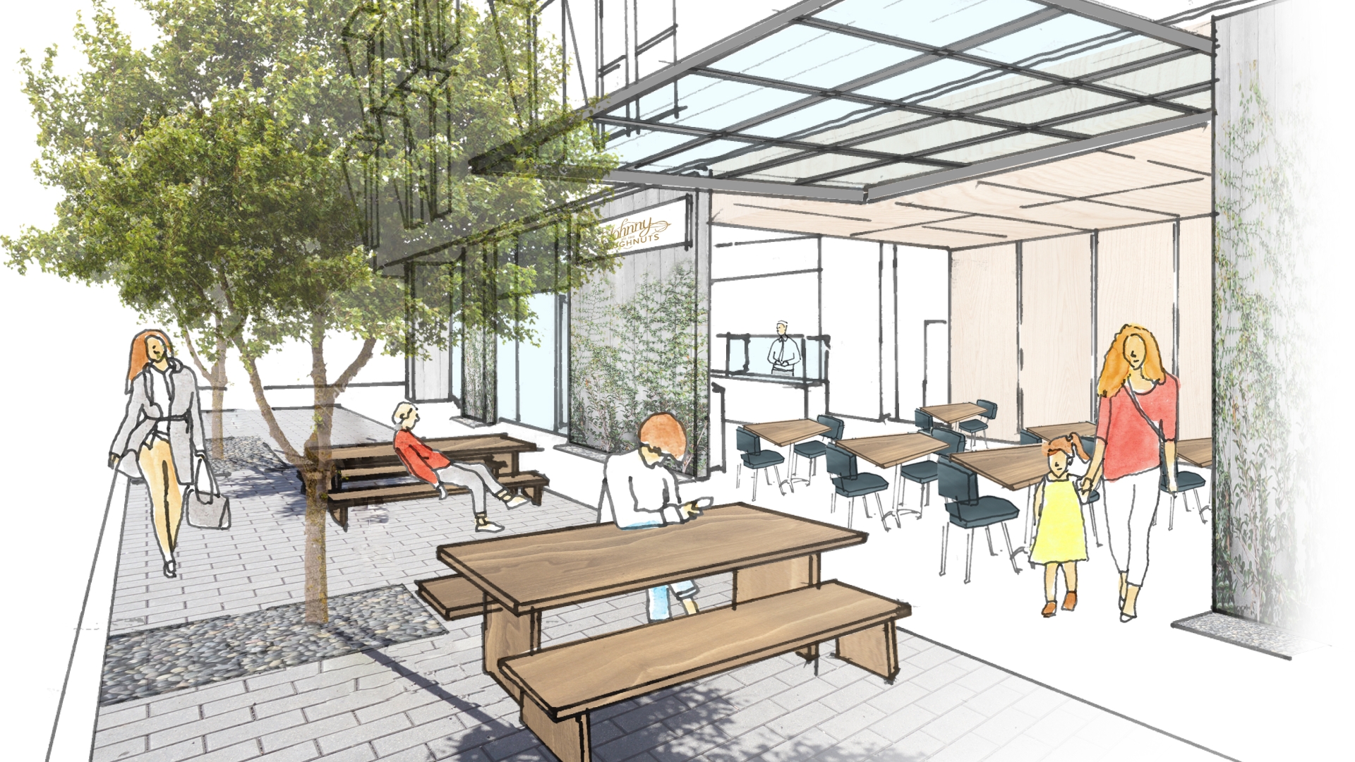Exterior rendering of the outdoor courtyard that opens up to the inside of Johnny Doughnuts in San Francisco.