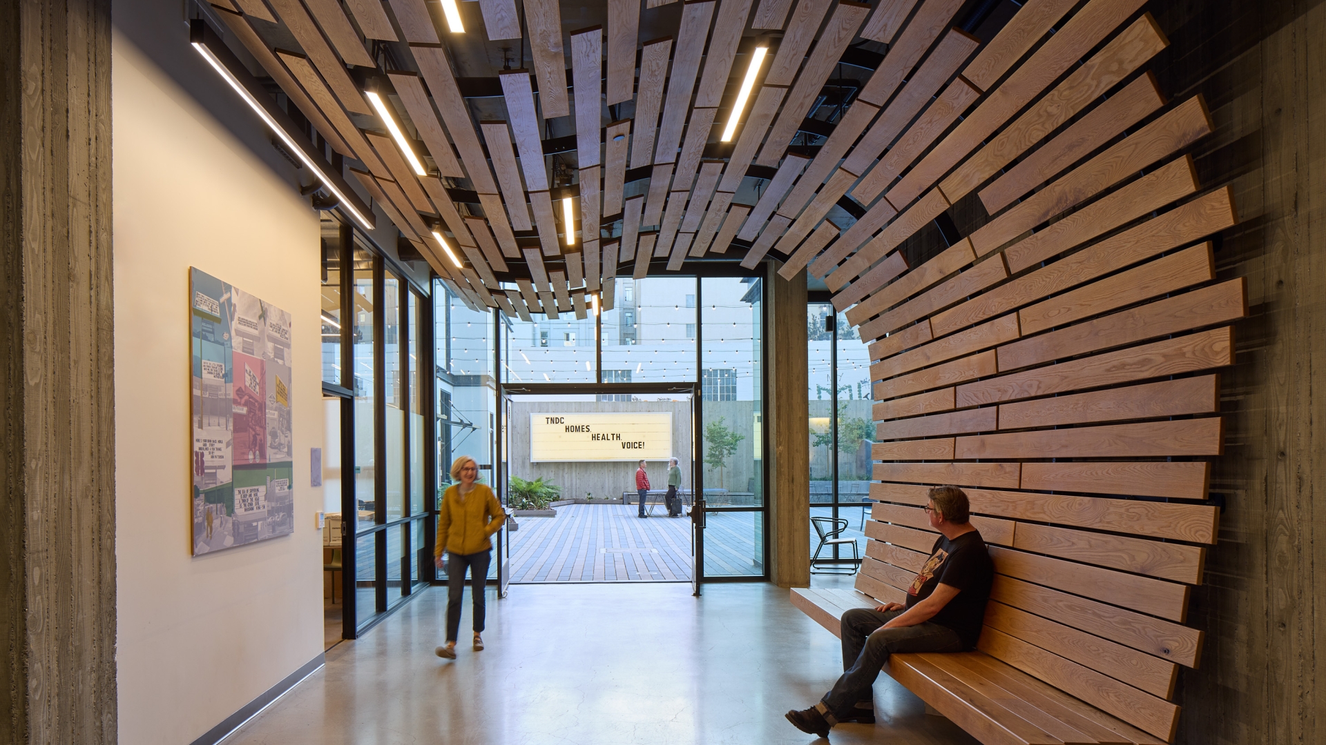 Interior of the entry lobby and custom bench at 555 Larkin in San Francisco.