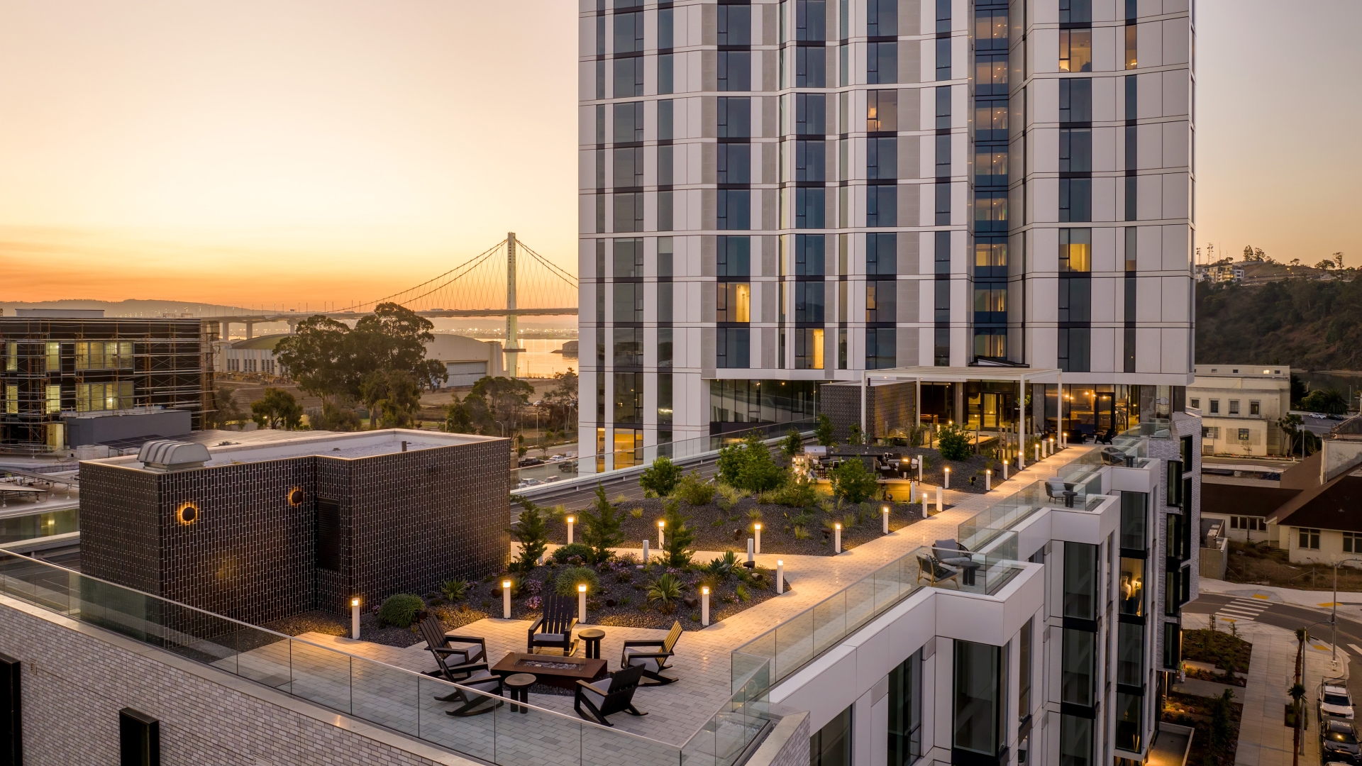 Birds eye view of the resident roof deck at Isle House on Treasure Island in San Francisco.