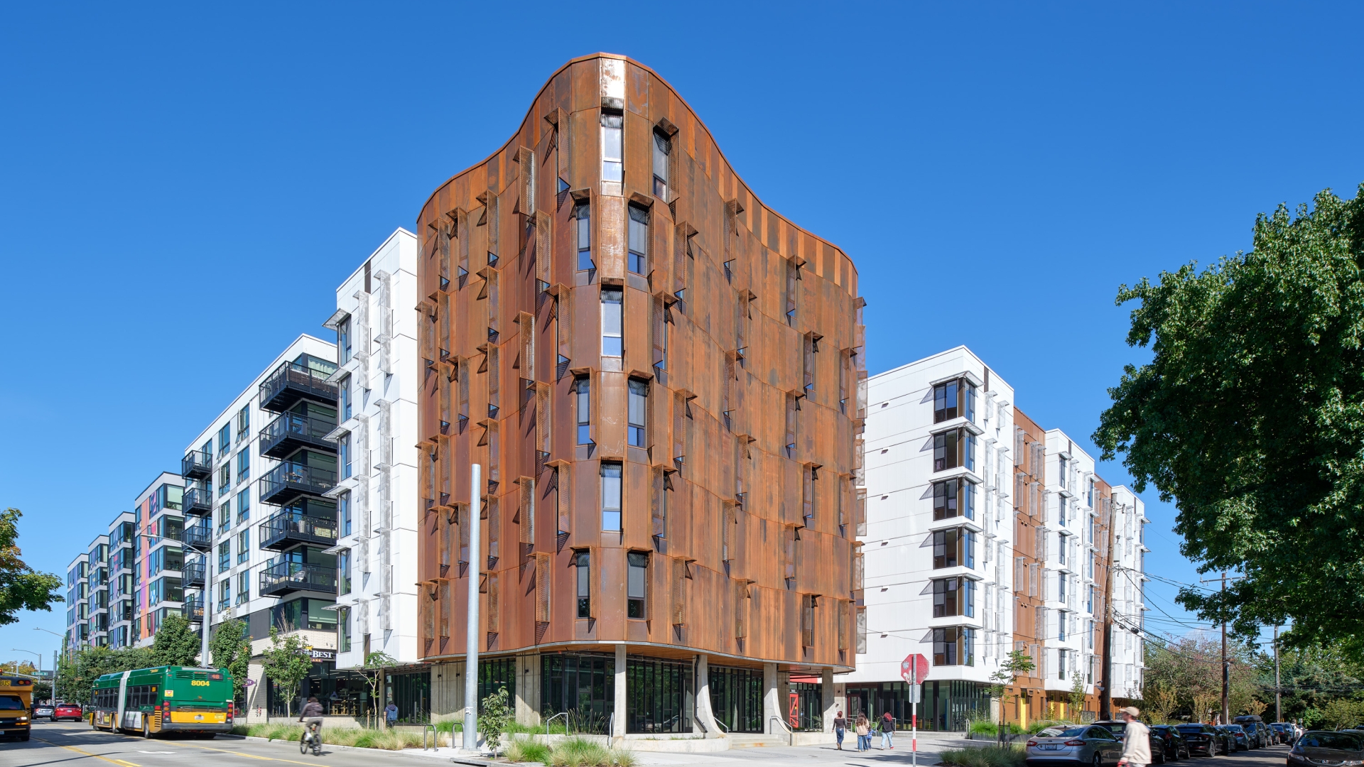 Exterior street view of Africatown Plaza in Seattle.