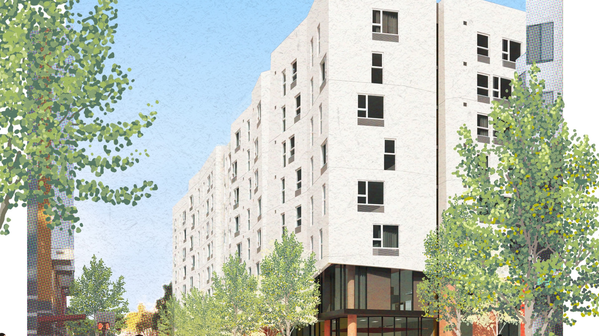 Exterior rendering of the corner at 750 Golden Gate.