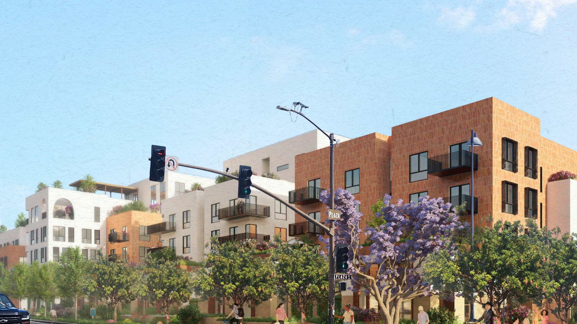 Exterior street rendering corner of State and Plaza the at The Neighborhood of State & Hope.