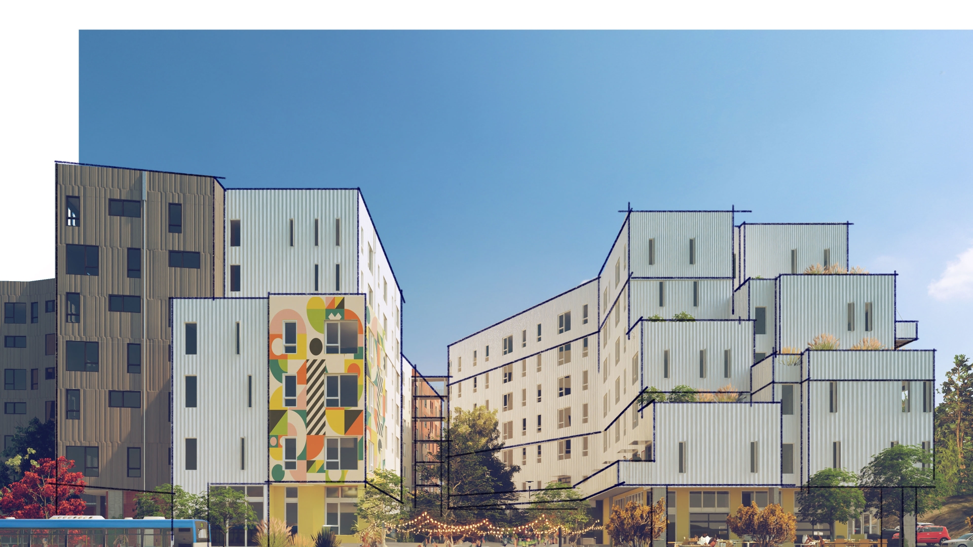 Exterior rendering sketch of Artist Lofts.