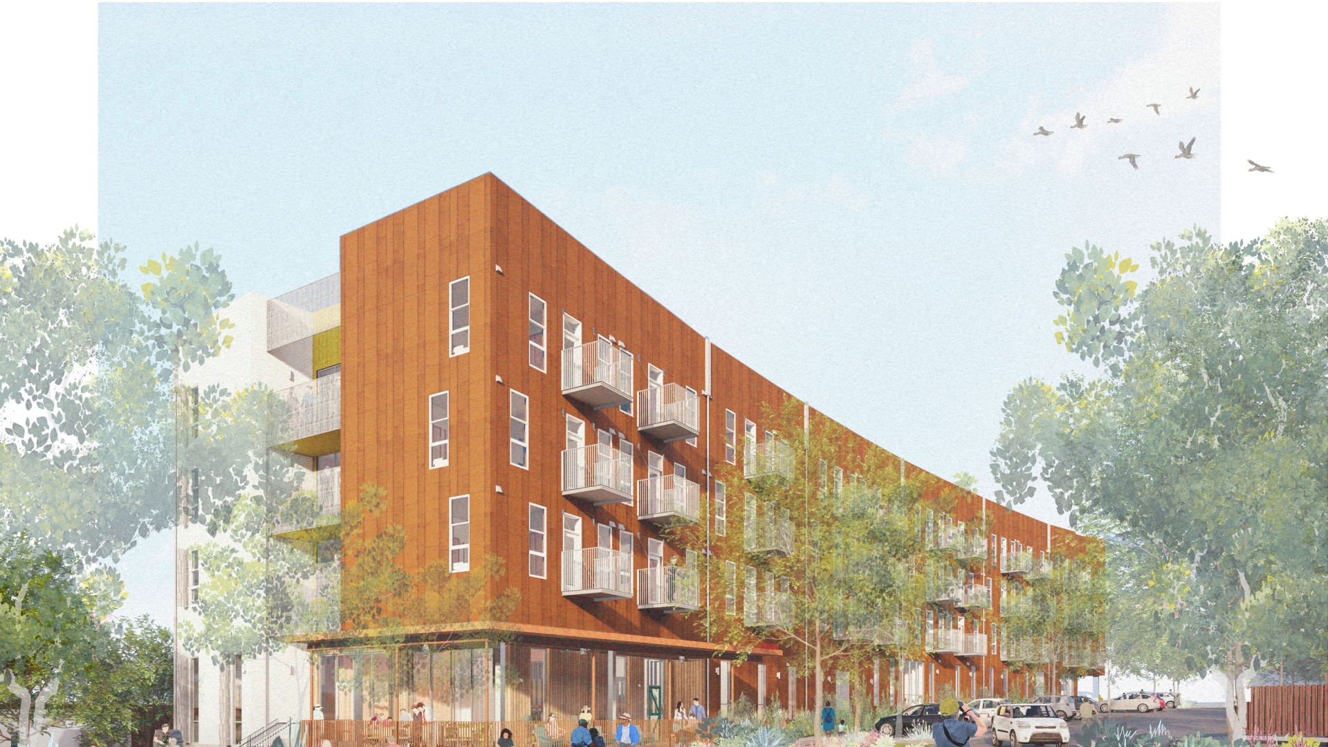 Exterior rendering of the corner of Mercury Courts PSH.