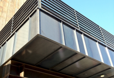 Detail view of the balcony of Truckee Prototype Mixed-Use Townhouse in Truckee, California.