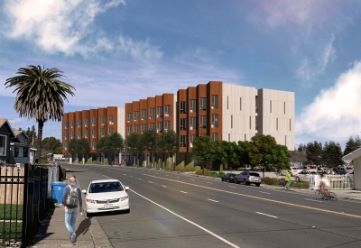 Rendering view from across Sacramento Street from the south showing the entire building of Blue Oak Landing in Vallejo, California.
