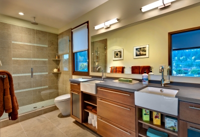 Interior view of the bathroom at Truckee Prototype Mixed-Use Townhouse in Truckee, California.