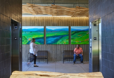 Interior view of the open-air elevators at Blue Oak Landing in Vallejo, California.