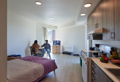 Interior view of a residents studio unit at Blue Oak Landing in Vallejo, California.