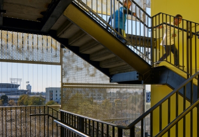 Open-air stair at Coliseum Place in Oakland, California.
