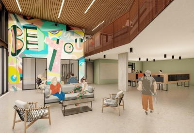 Interior rendering the lobby at Mercury Courts in Nashville, Tennessee.