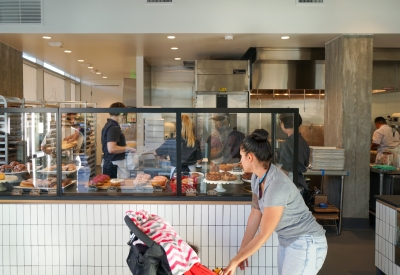 Interior view of the Johnny Doughnuts counter in San Francisco.