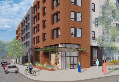 Exterior rendering of the corner of Sunnydale Block 3 in San Francisco.