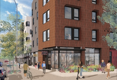 Exterior rendering of the corner retail spaces at Sunnydale Block 3 in San Francisco.