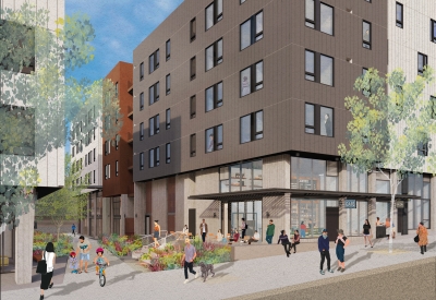 Exterior rendering of the cafe retail space at Sunnydale Block 3 in San Francisco.