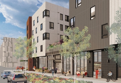 Exterior rendering of the grocery retail space at Sunnydale Block 3 in San Francisco.
