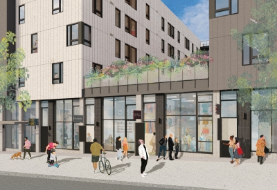 Exterior rendering of the micro-retail space at Sunnydale Block 3 in San Francisco.