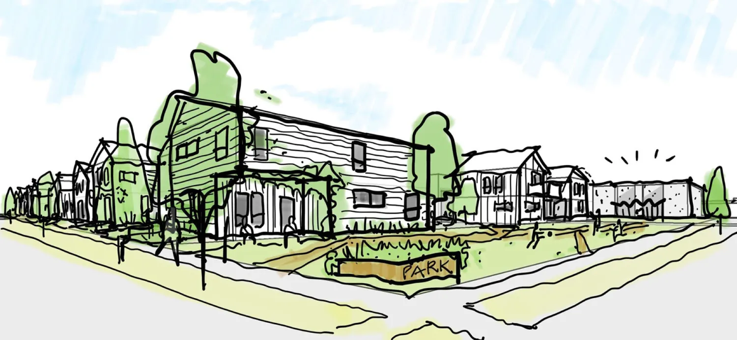 Sketch of neighborhood park for Ensley Mixed-Use Neighborhood in Birmingham, Alabama.