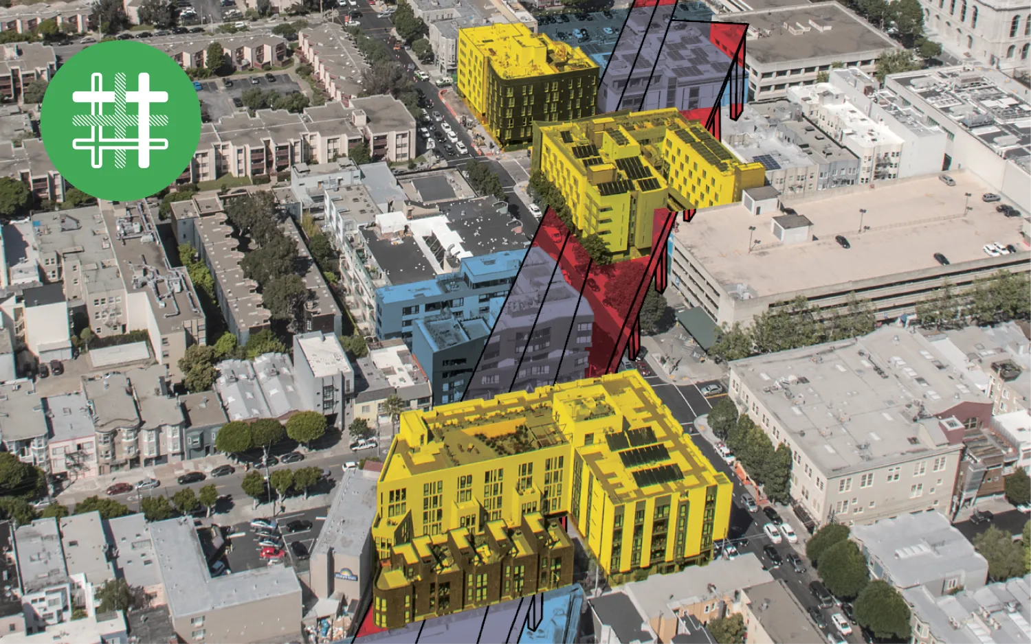 Aerial image of the central freeway in San Francisco with a graphic highlighting three DBA projects.