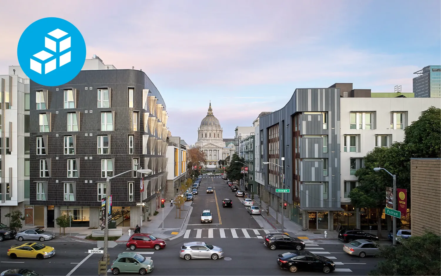 Looking down the street at San Francisco City Hall with two DBA projects on each side of the street.