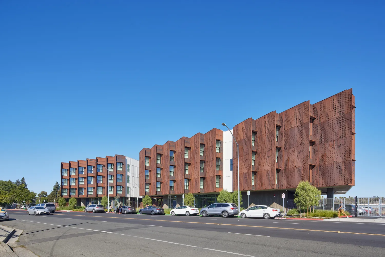 Exterior view of Blue Oak Landing showing the weathered steel facade.