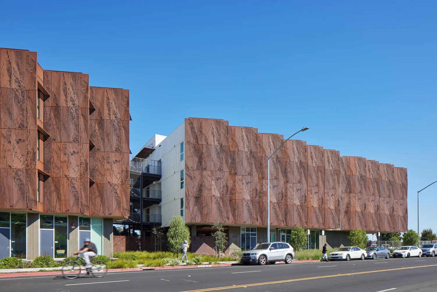 Exterior view of Blue Oak Landing showing the weathered steel facade.