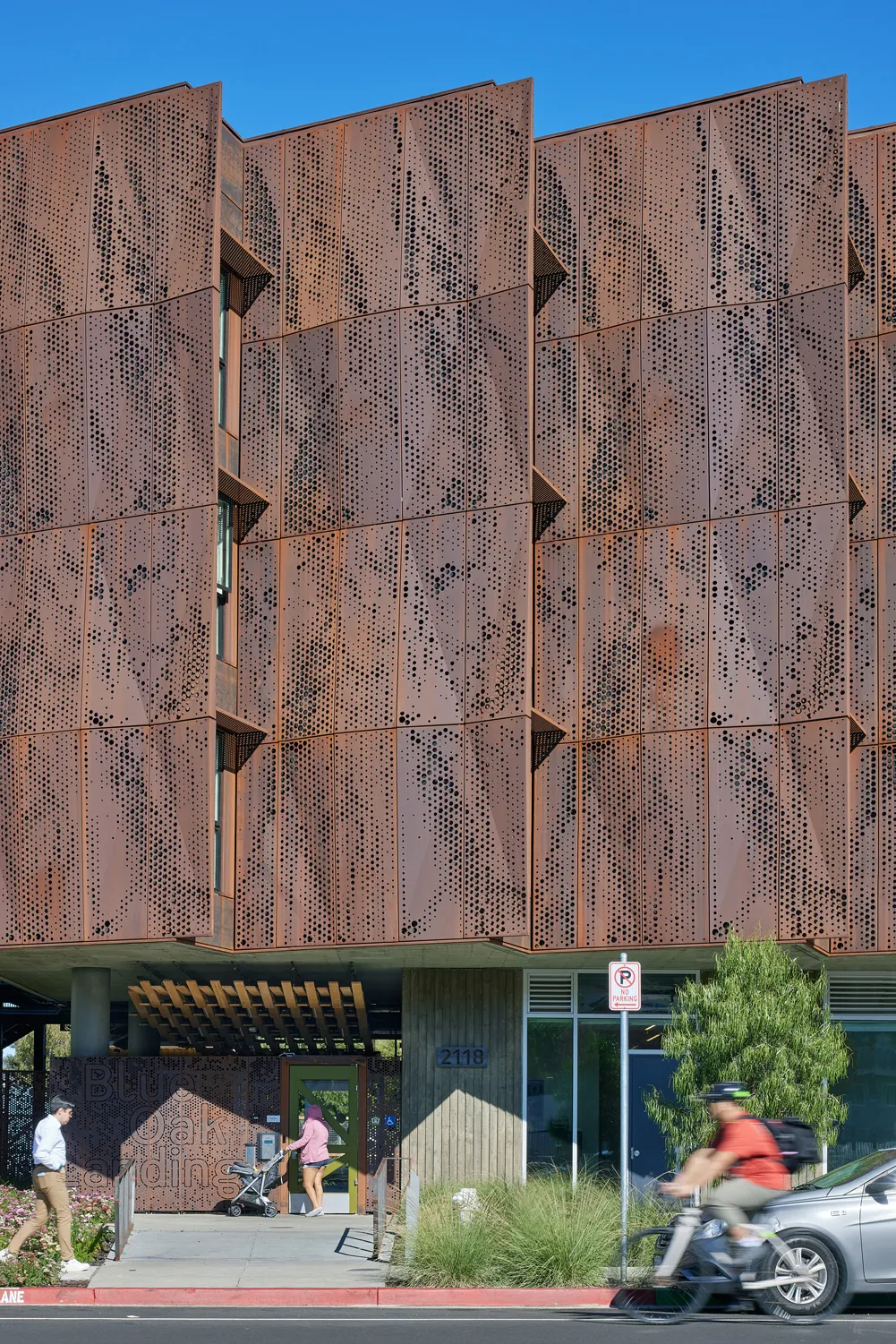 Exterior view of entrance to Blue Oak Landing showing the weathered steel facade.