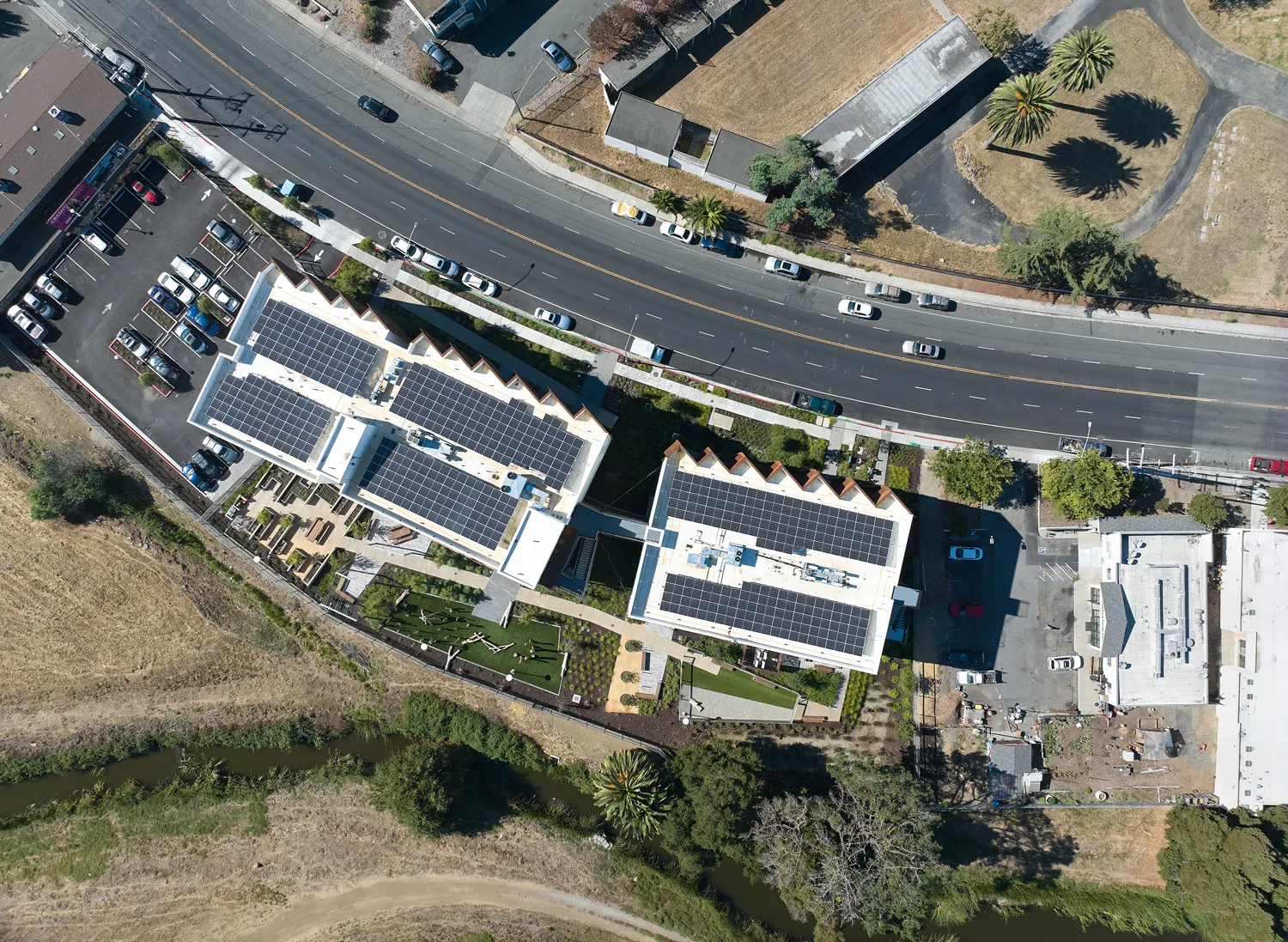 Aerial view of the solar panels on the roof of Blue Oak Landing.