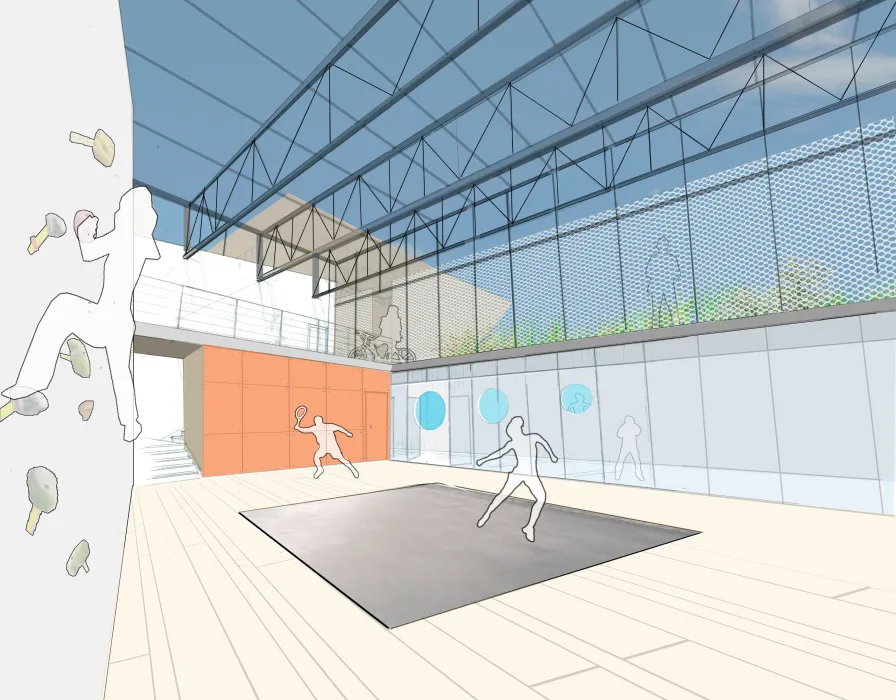 Interior rendering of the Qc2 fitness center with a rock wall, tennis court