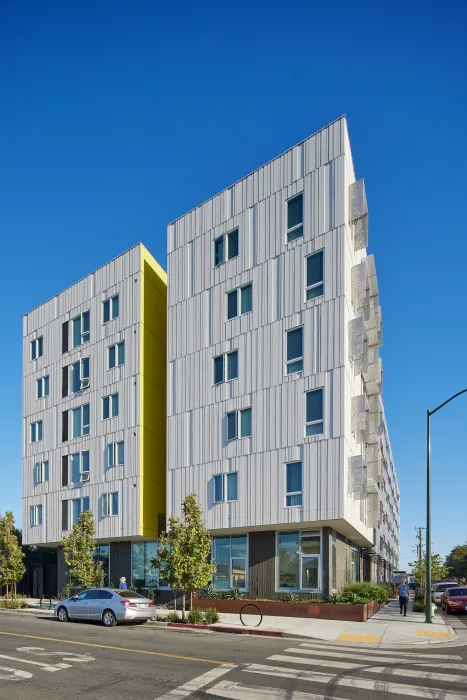 Exterior street view of Coliseum Place in Oakland, California.