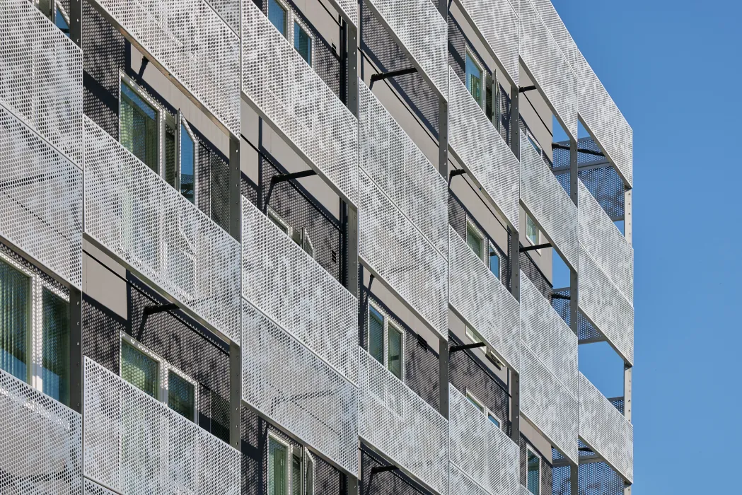 View of the aluminum sun shades at Coliseum Place in Oakland, California.